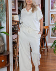 Beige Plus Size Textured Collared Top and Pants Set - Toi ‘n’ Moi Ltd