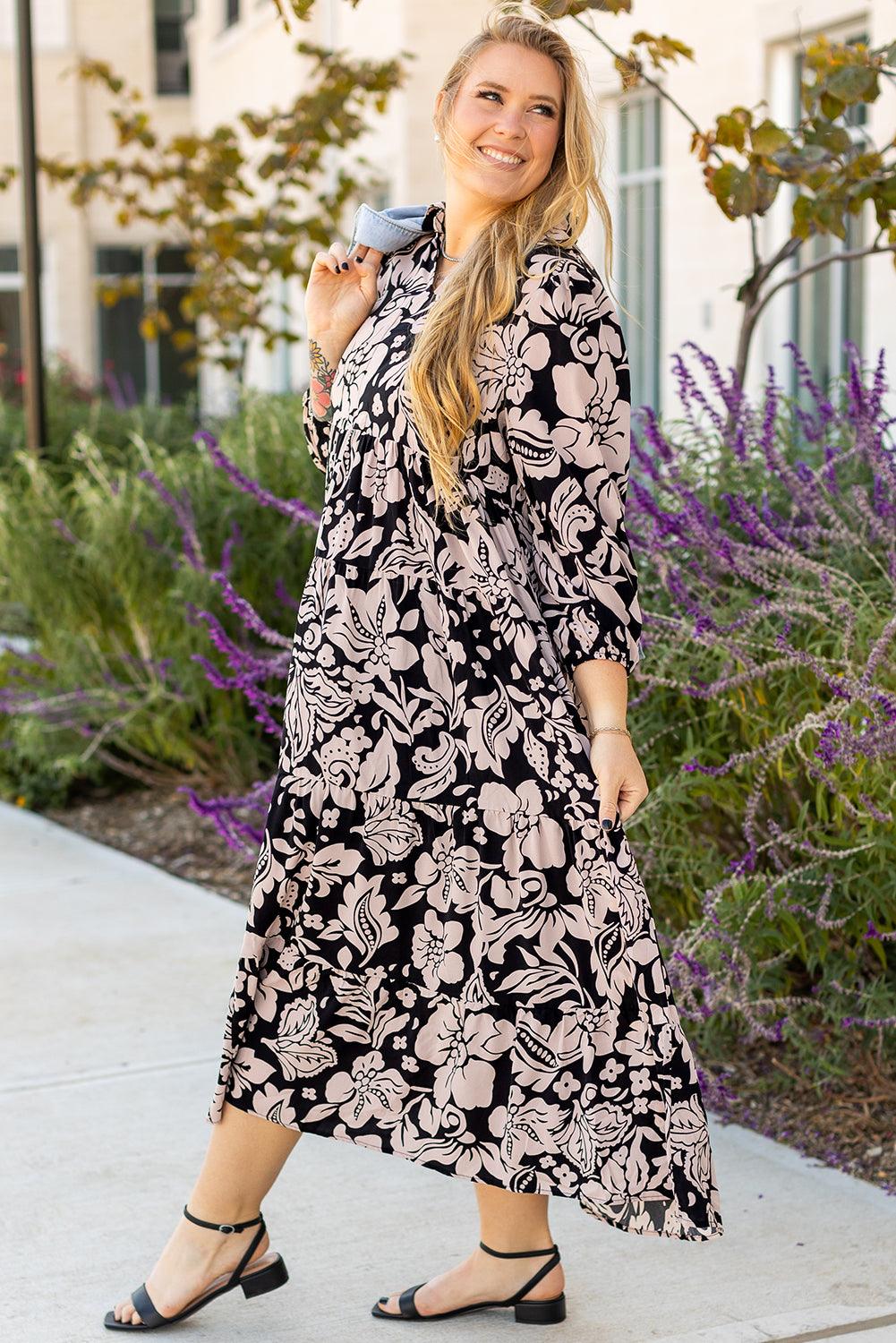 Black Plus Size Floral Printed Puff Sleeve Collared Maxi Dress - Toi ‘n’ Moi Ltd