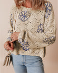 Beige Contrast Flower Print Eyelet Drop Shoulder Sweater - Toi ‘n’ Moi Ltd