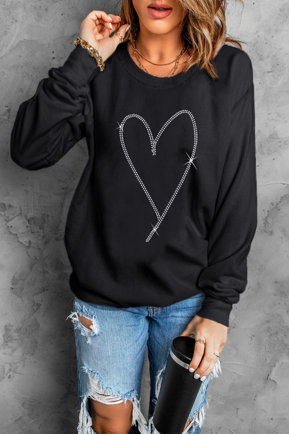 Black Rhinestone Heart Pattern Valentines Fashion Sweatshirt - Toi ‘n’ Moi Ltd