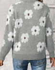 Gray Floral Pattern Half Zip Drop Shoulder Sweater