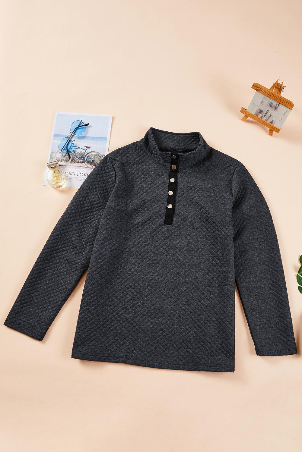 Black Plus Size Quilted Button Up Henley Sweatshirt - Toi ‘n’ Moi Ltd