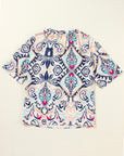 White Abstract Printed Notched V Neck Split Half Sleeve Blouse