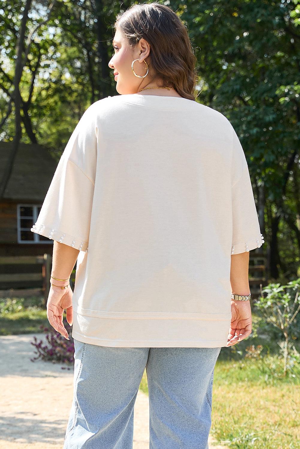 Beige Pearl Decor Crew Neck Half Sleeve Plus Size T Shirt - Toi ‘n’ Moi Ltd