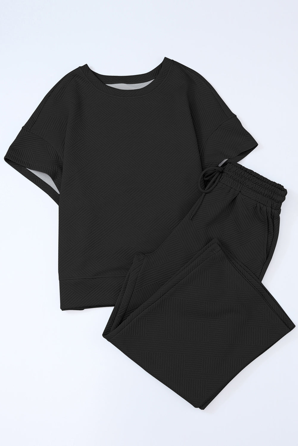 Black Textured Loose Fit T Shirt and Drawstring Pants Set - Toi ‘n’ Moi Ltd