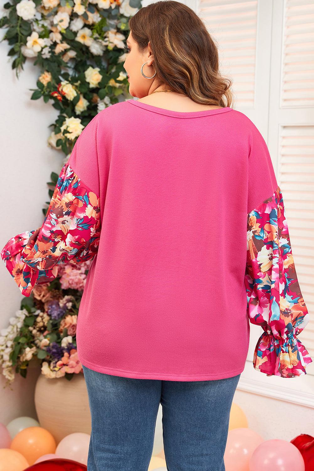 Bright Pink Floral Patchwork Flounce Sleeve Rib Knit Plus Top - Toi ‘n’ Moi Ltd