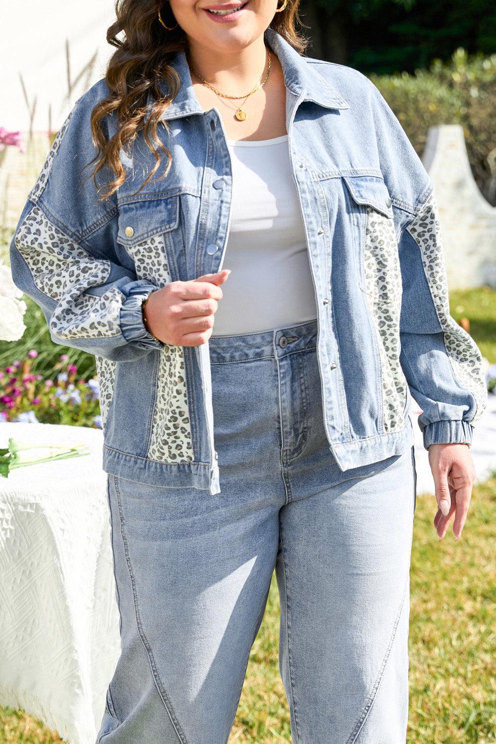 Beau Blue Leopard Patchwork Flap Detail Plus Size Denim Jacket - Toi ‘n’ Moi Ltd