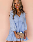 Beau Blue Puff Sleeve V Neck Tiered Ruffled Chambray Mini Dress - Toi ‘n’ Moi Ltd
