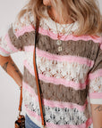 Brown Stripe Color Block Hollow Out Crochet Half Sleeve Sweater - Toi ‘n’ Moi Ltd