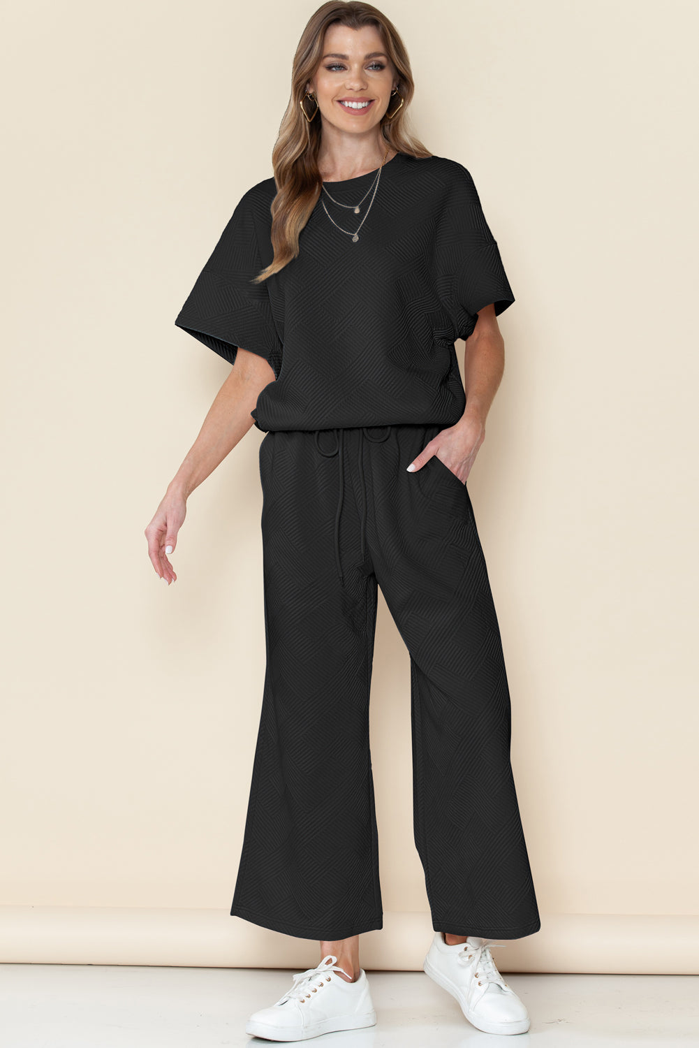 Black Textured Loose Fit T Shirt and Drawstring Pants Set - Toi ‘n’ Moi Ltd