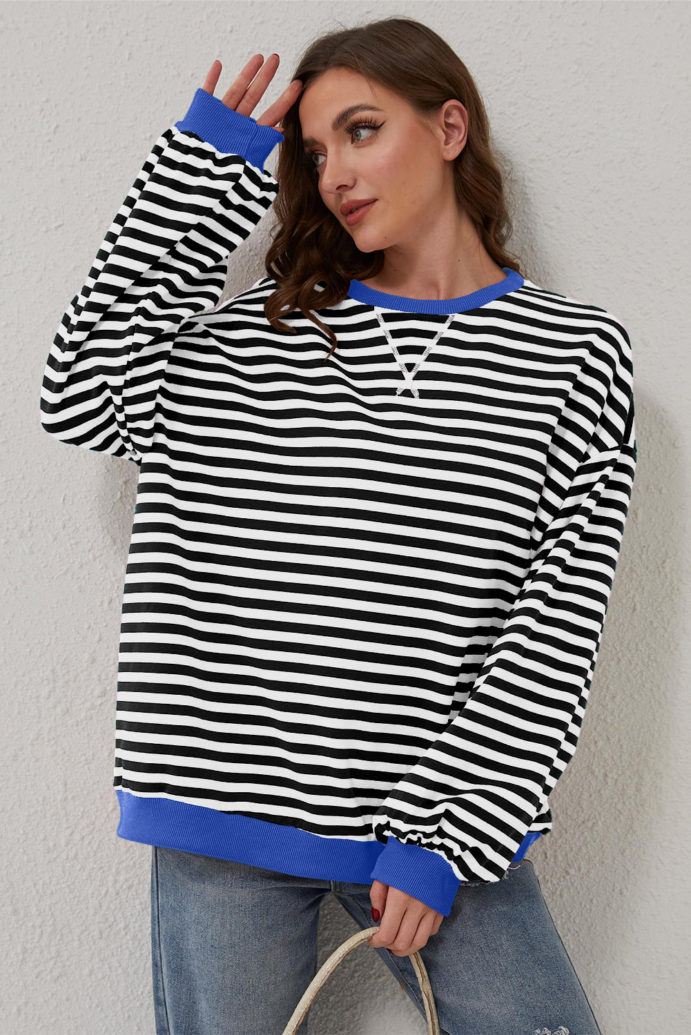 Black Stripe Oversized Contrast Trim Pullover Sweatshirt - Toi ‘n’ Moi Ltd