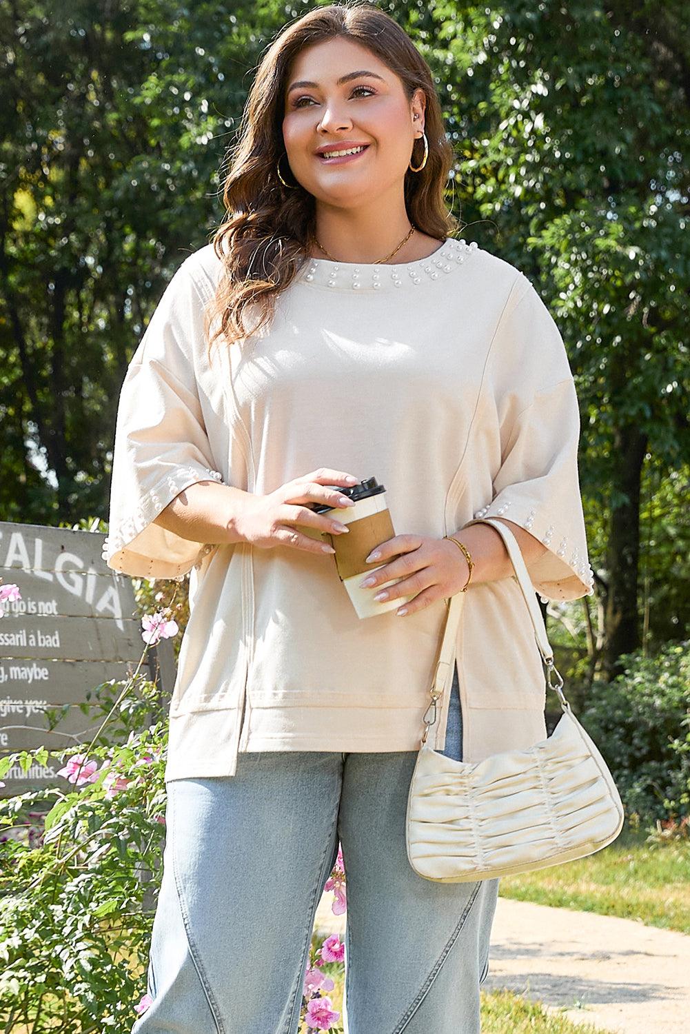 Beige Pearl Decor Crew Neck Half Sleeve Plus Size T Shirt - Toi ‘n’ Moi Ltd