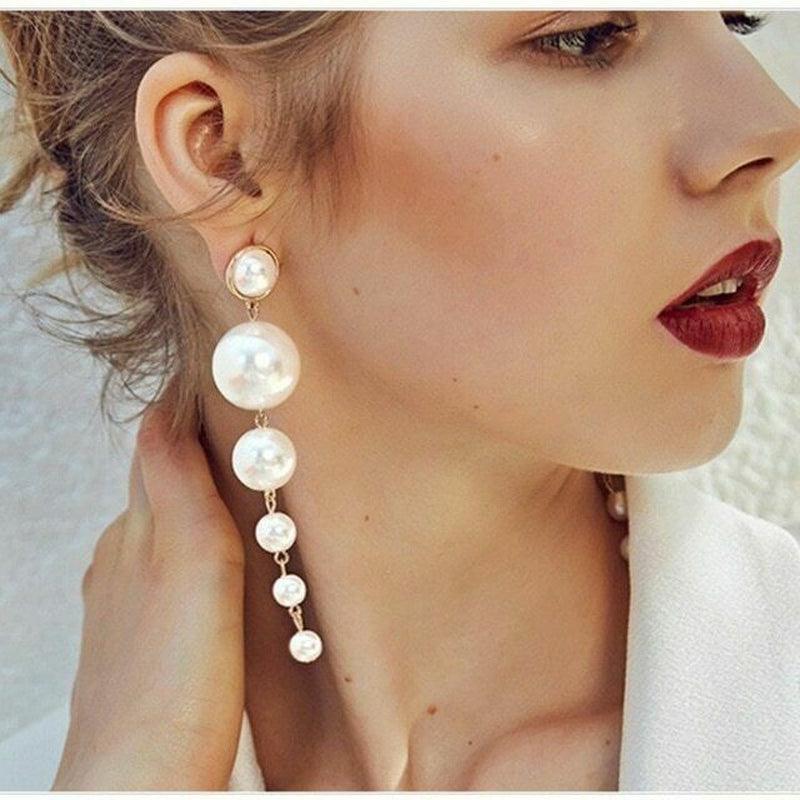 Trendy Elegant Big Simulated Pearl Long Wedding Party Statement Drop Earrings - Toi ‘n’ Moi Ltd