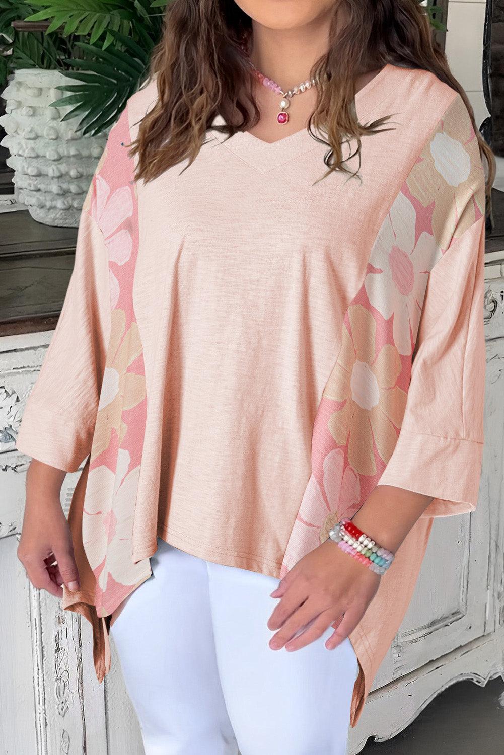 Apricot Pink Plus Size Flower Patchwork Exposed Seam High Low Top - Toi ‘n’ Moi Ltd