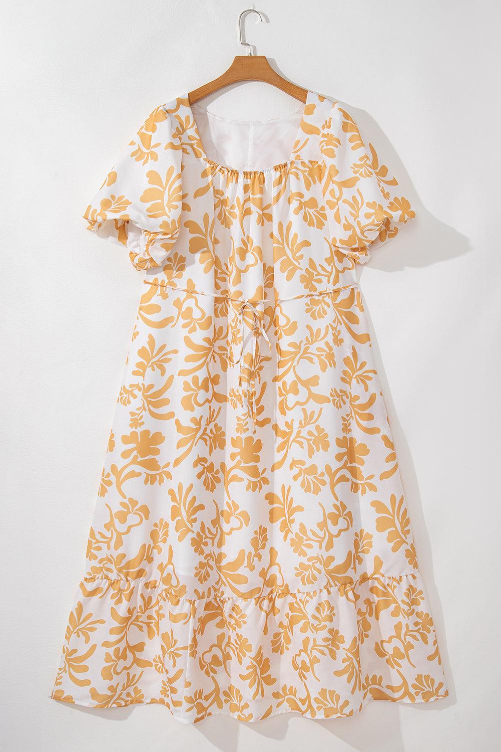 Apricot Floral Print Puff Short Sleeve Resort Plus Size Maxi Dress - Toi ‘n’ Moi Ltd