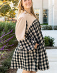 Black Plaid Waffle Knit Patchwork Collared V Neck Plus Size Mini Dress - Toi ‘n’ Moi Ltd