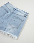 Light Blue Distressed Ripped Raw Hem High Waist Denim Shorts