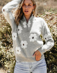 Gray Floral Pattern Half Zip Drop Shoulder Sweater