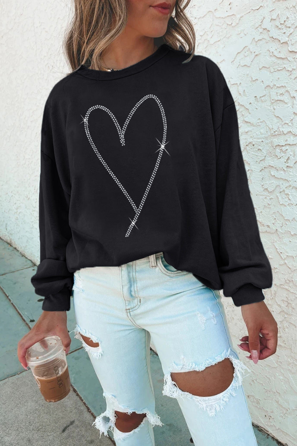 Black Rhinestone Heart Pattern Valentines Fashion Sweatshirt - Toi ‘n’ Moi Ltd
