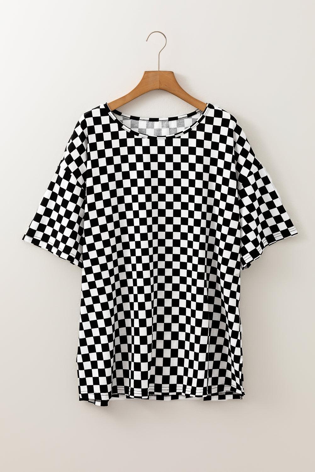 Black Checkered Print Side Slits O Neck Plus Size T Shirt - Toi ‘n’ Moi Ltd
