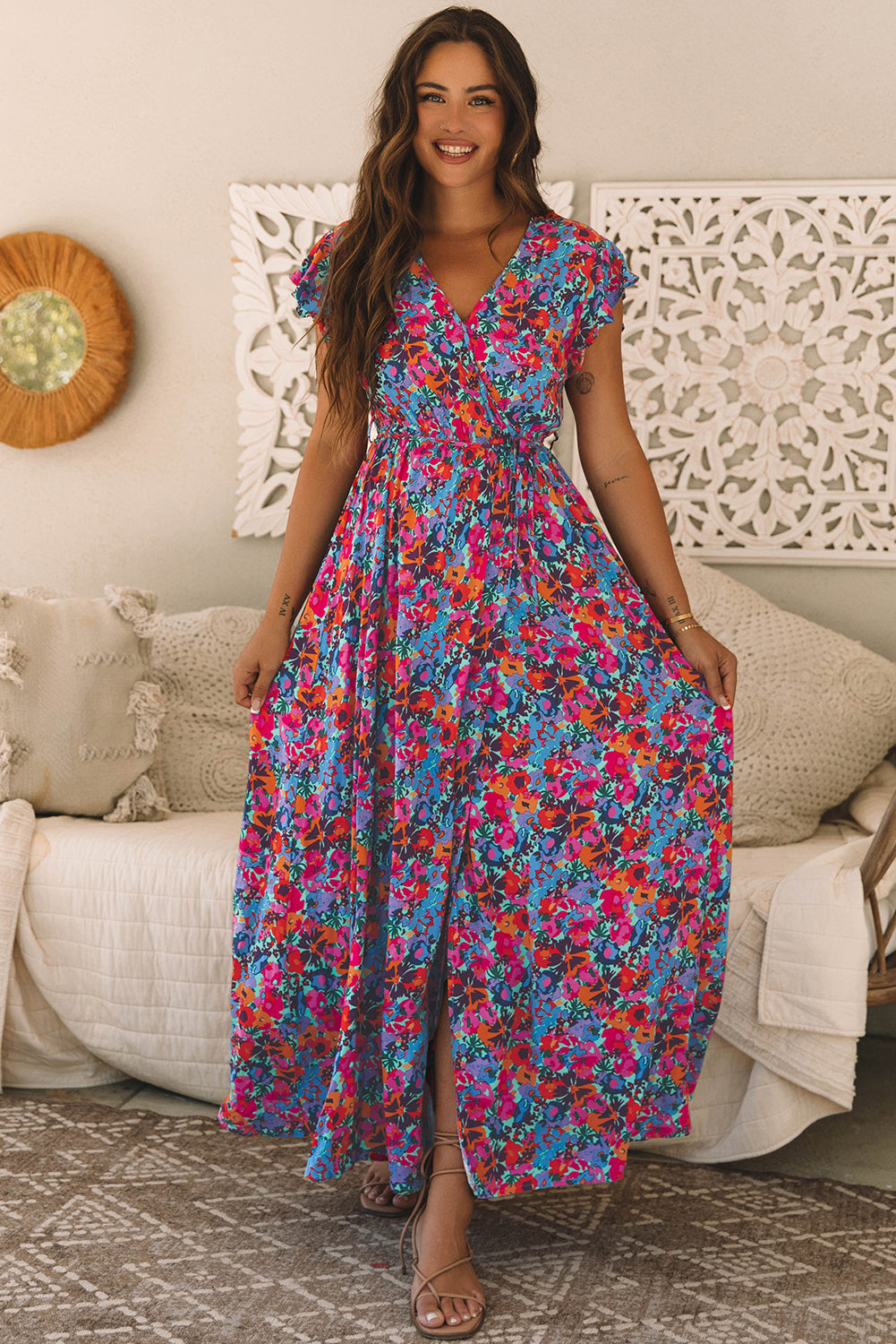 Blue Floral Print V Neck Wrap Split Maxi Dress - Toi ‘n’ Moi Ltd