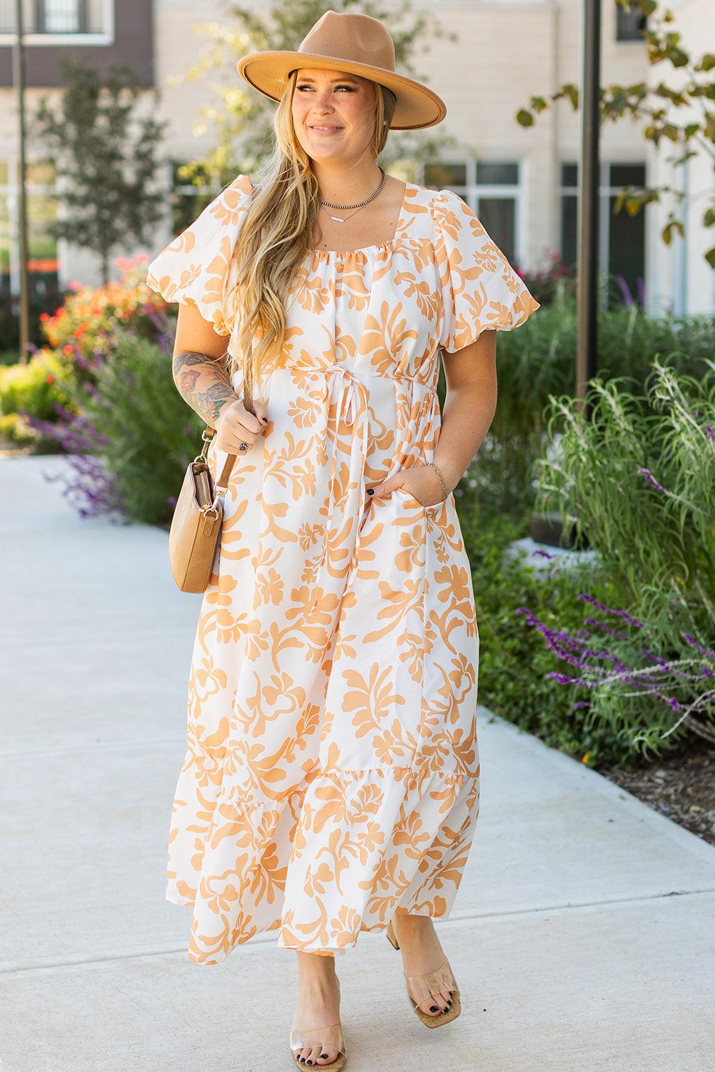 Apricot Floral Print Puff Short Sleeve Resort Plus Size Maxi Dress - Toi ‘n’ Moi Ltd