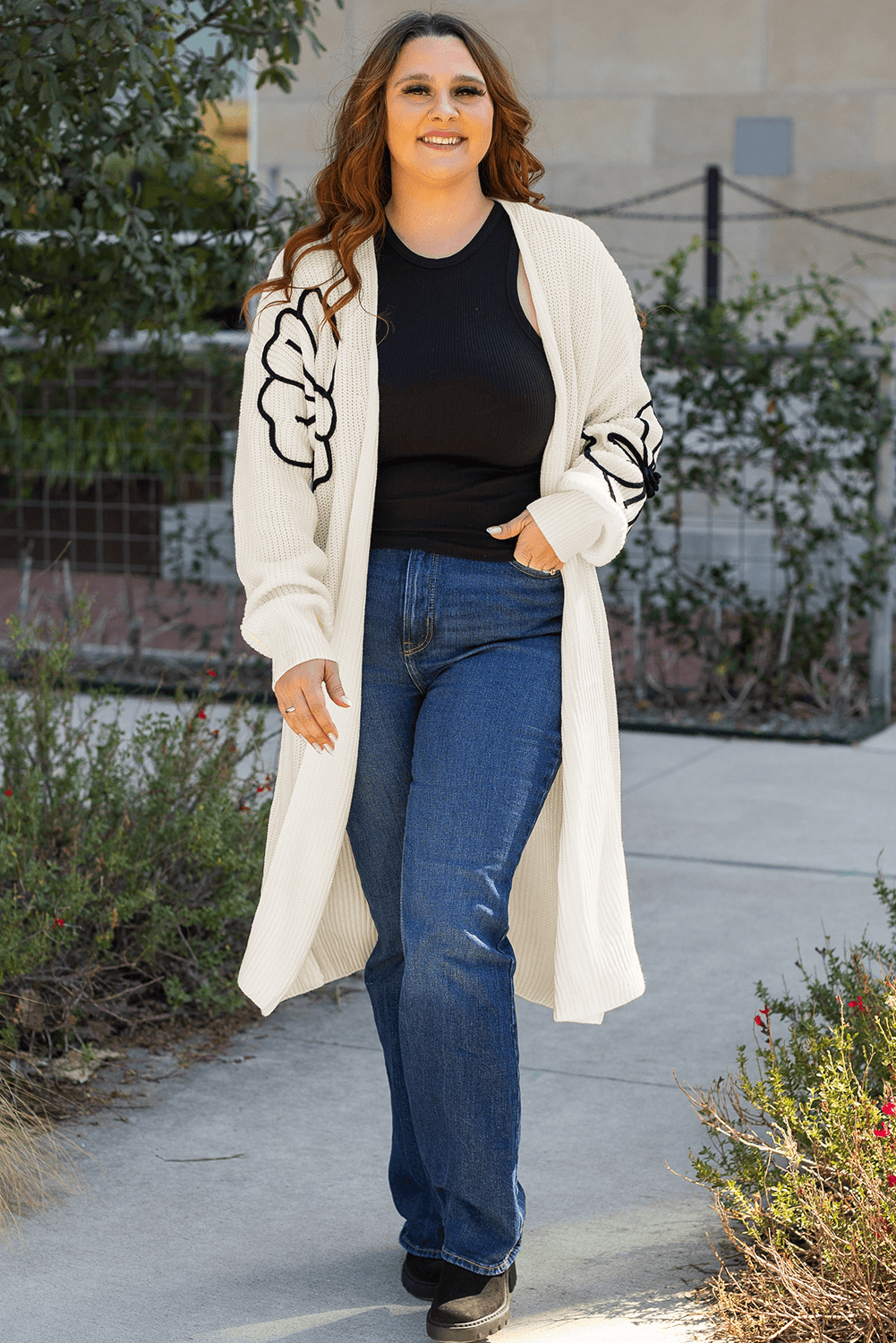 Beige Flower Embroidered Drop Shoulder Open Front Duster Cardigan - Toi ‘n’ Moi Ltd