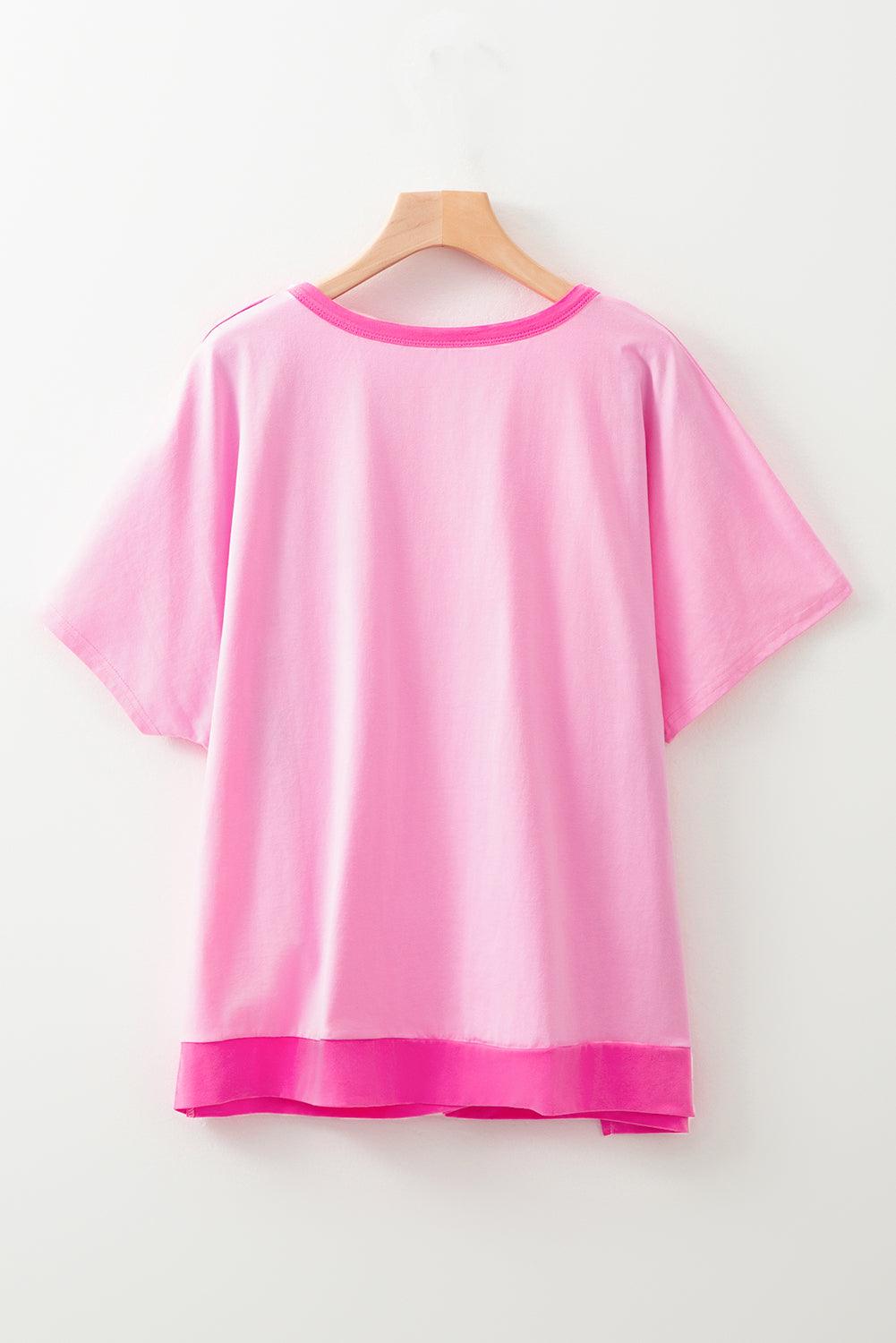 Bright Pink Colorblock Patchwork Short Sleeve Buttons Plus Size Henley Top - Toi ‘n’ Moi Ltd