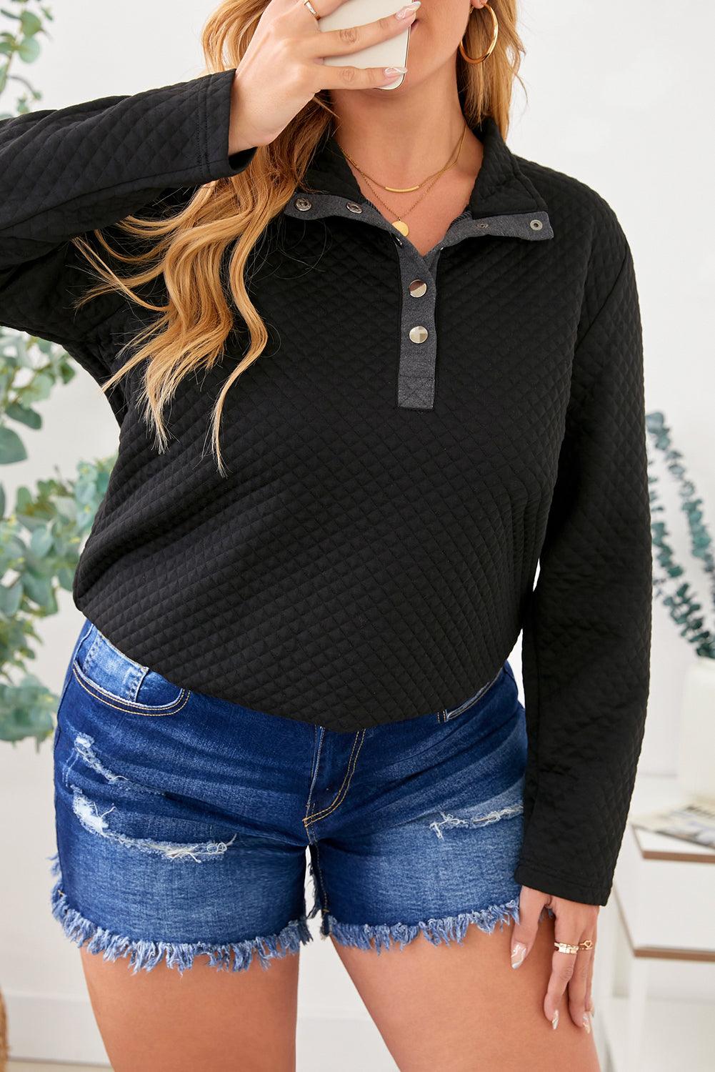 Black Plus Size Quilted Button Up Henley Sweatshirt - Toi ‘n’ Moi Ltd