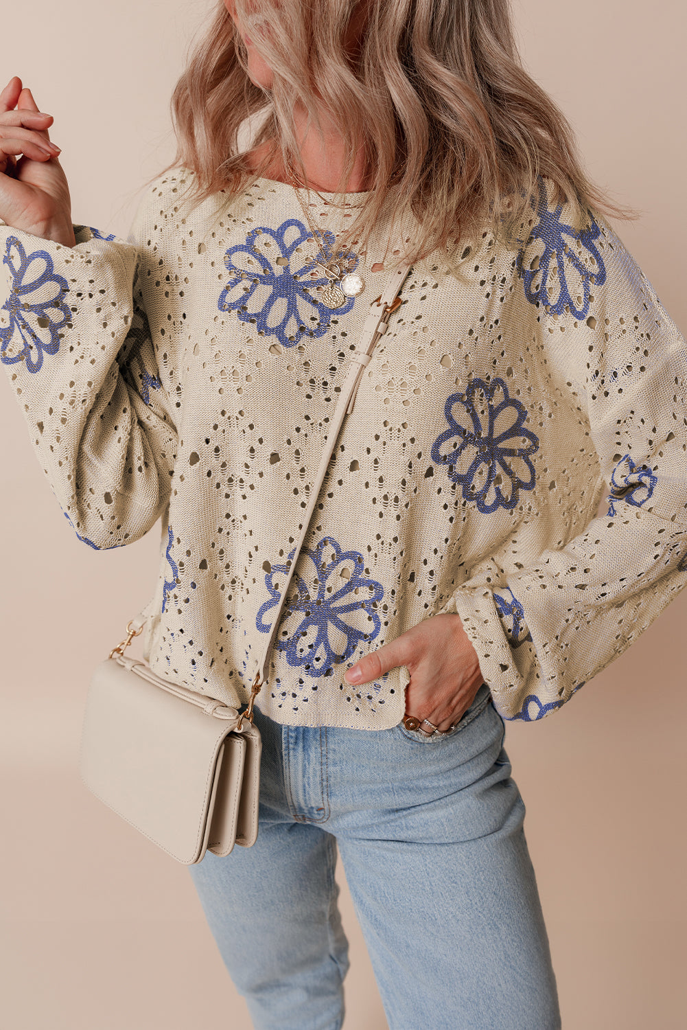 Beige Contrast Flower Print Eyelet Drop Shoulder Sweater - Toi ‘n’ Moi Ltd