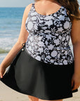 Black Plus Size Printed Square Neck Drawstring Ruffled Tankini Set - Toi ‘n’ Moi Ltd