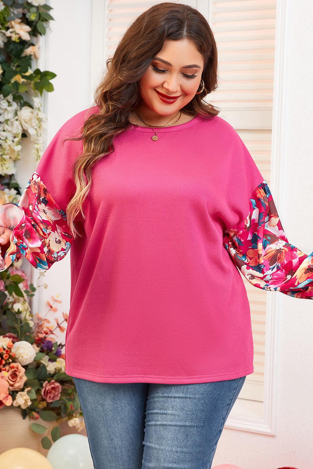 Bright Pink Floral Patchwork Flounce Sleeve Rib Knit Plus Top - Toi ‘n’ Moi Ltd