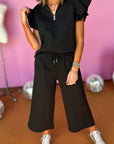 Black Textured Flutter Sleeve Top Wide Leg Pants Set - Toi ‘n’ Moi Ltd