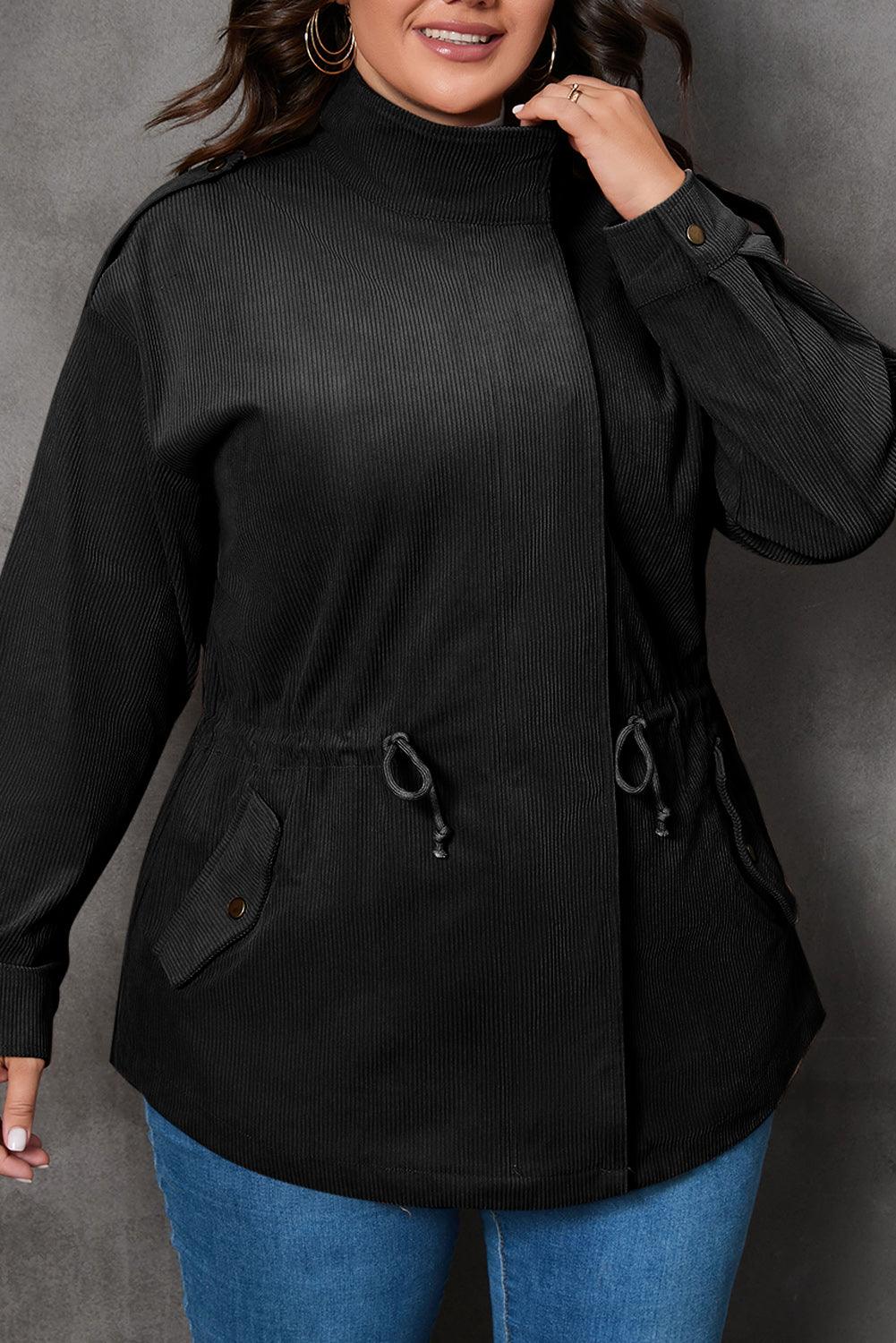 Black Plus Size Button Zipped Corduroy Jacket - Toi ‘n’ Moi Ltd