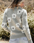 Gray Floral Pattern Half Zip Drop Shoulder Sweater