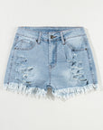 Light Blue Distressed Ripped Raw Hem High Waist Denim Shorts