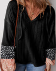 Black Floral Patchwork Textured Knit Drawstring V Neck Blouse - Toi ‘n’ Moi Ltd