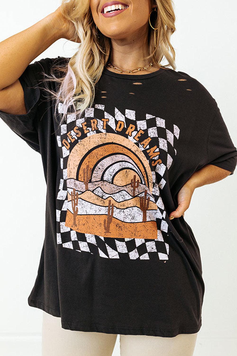 Black Checkerd DESERT DREAMS Printed Ripped Plus Size Tee - Toi ‘n’ Moi Ltd