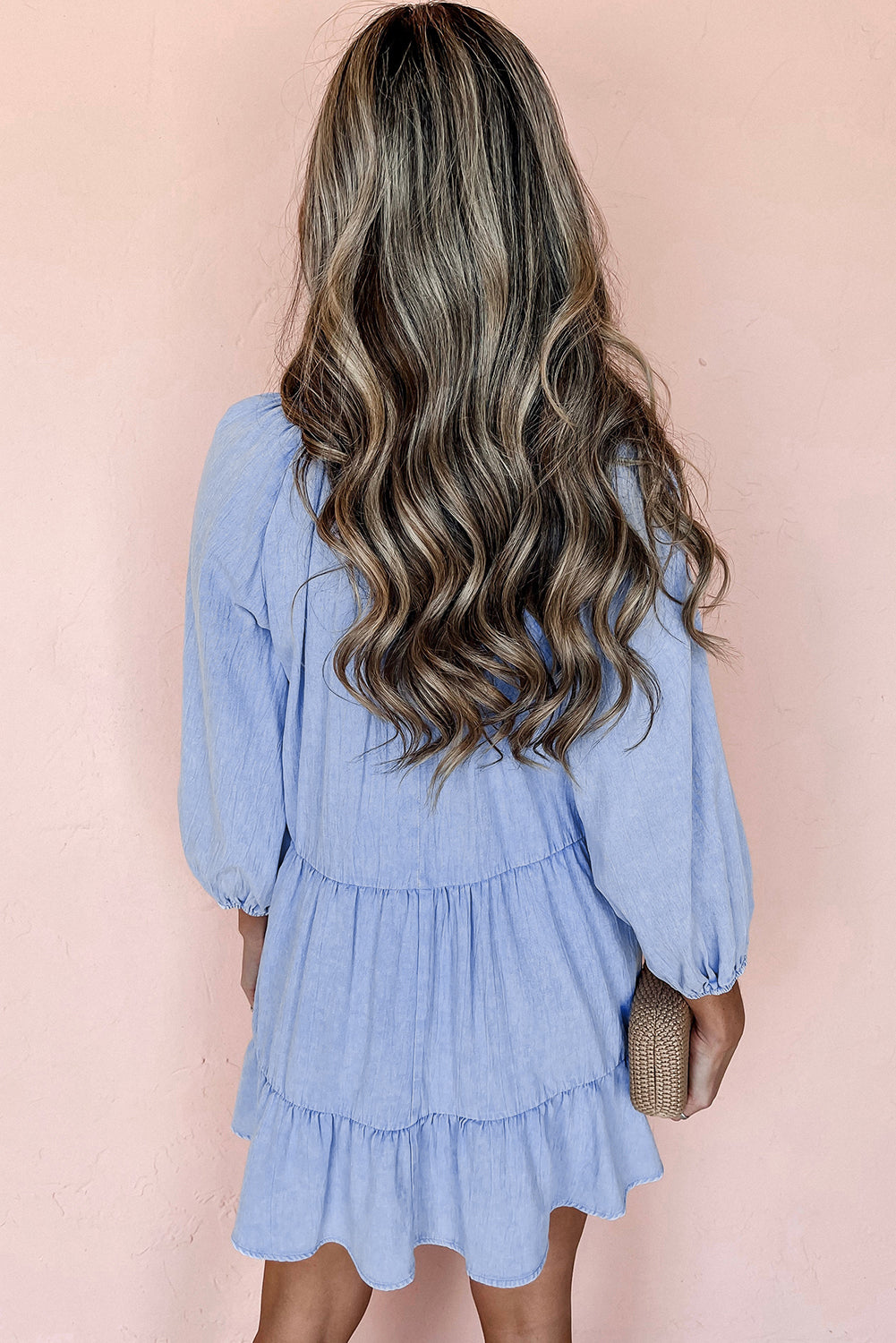Beau Blue Puff Sleeve V Neck Tiered Ruffled Chambray Mini Dress - Toi ‘n’ Moi Ltd