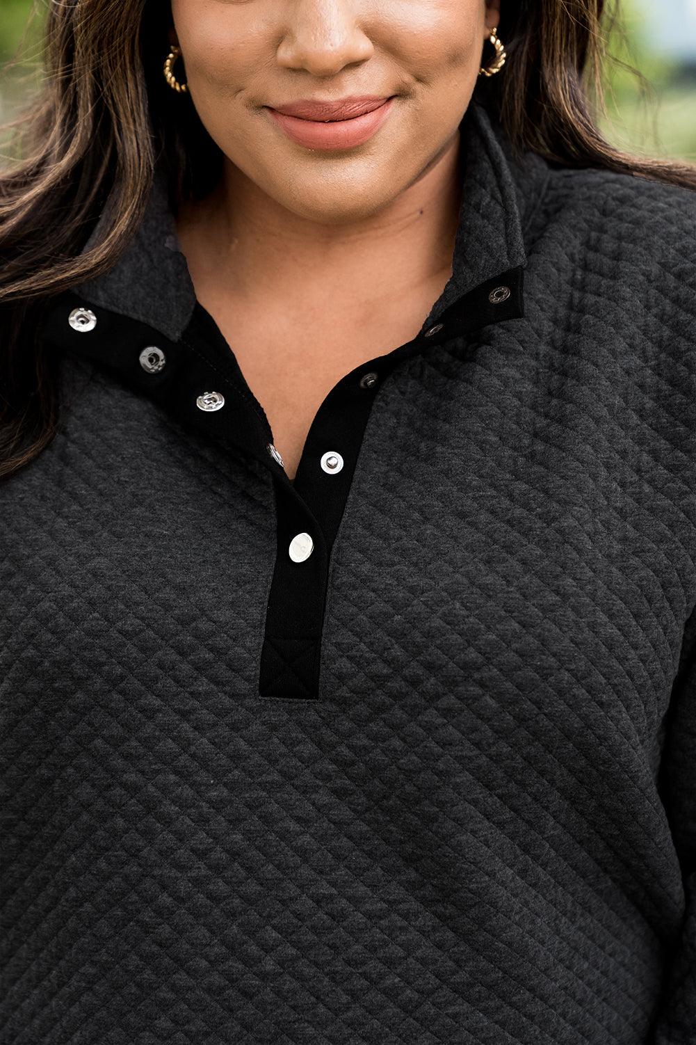 Black Plus Size Quilted Button Up Henley Sweatshirt - Toi ‘n’ Moi Ltd