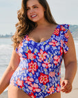 Blue Floral Print Ruffled V Neck High Waist One Piece Swimwear - Toi ‘n’ Moi Ltd