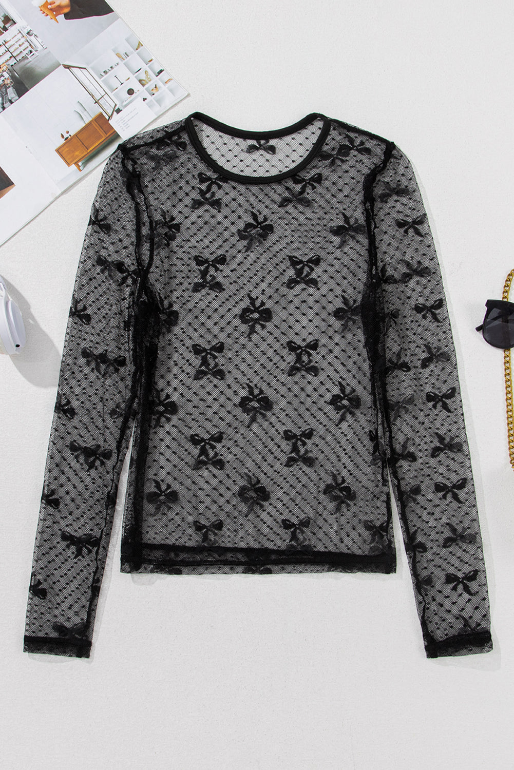 Black Bow Pattern Accent Mesh Long Sleeve Top - Toi ‘n’ Moi Ltd