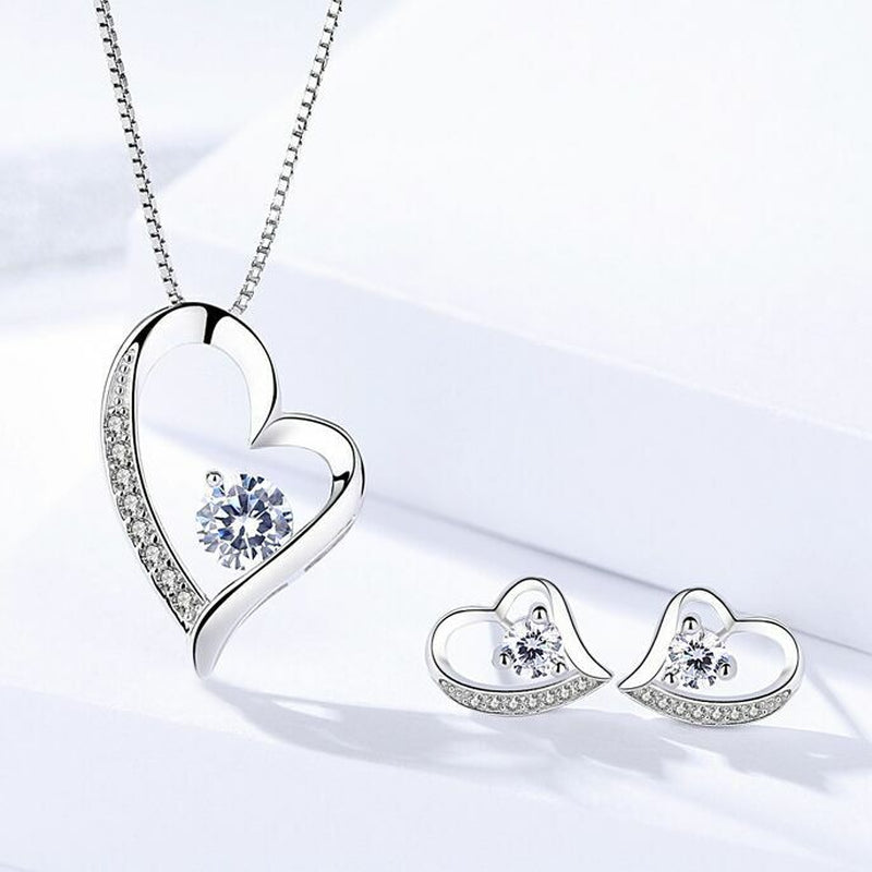 925 Sterling Silver Crystal Heart Pendant Necklace Stud Earrings Womens Gift - Toi ‘n’ Moi Ltd
