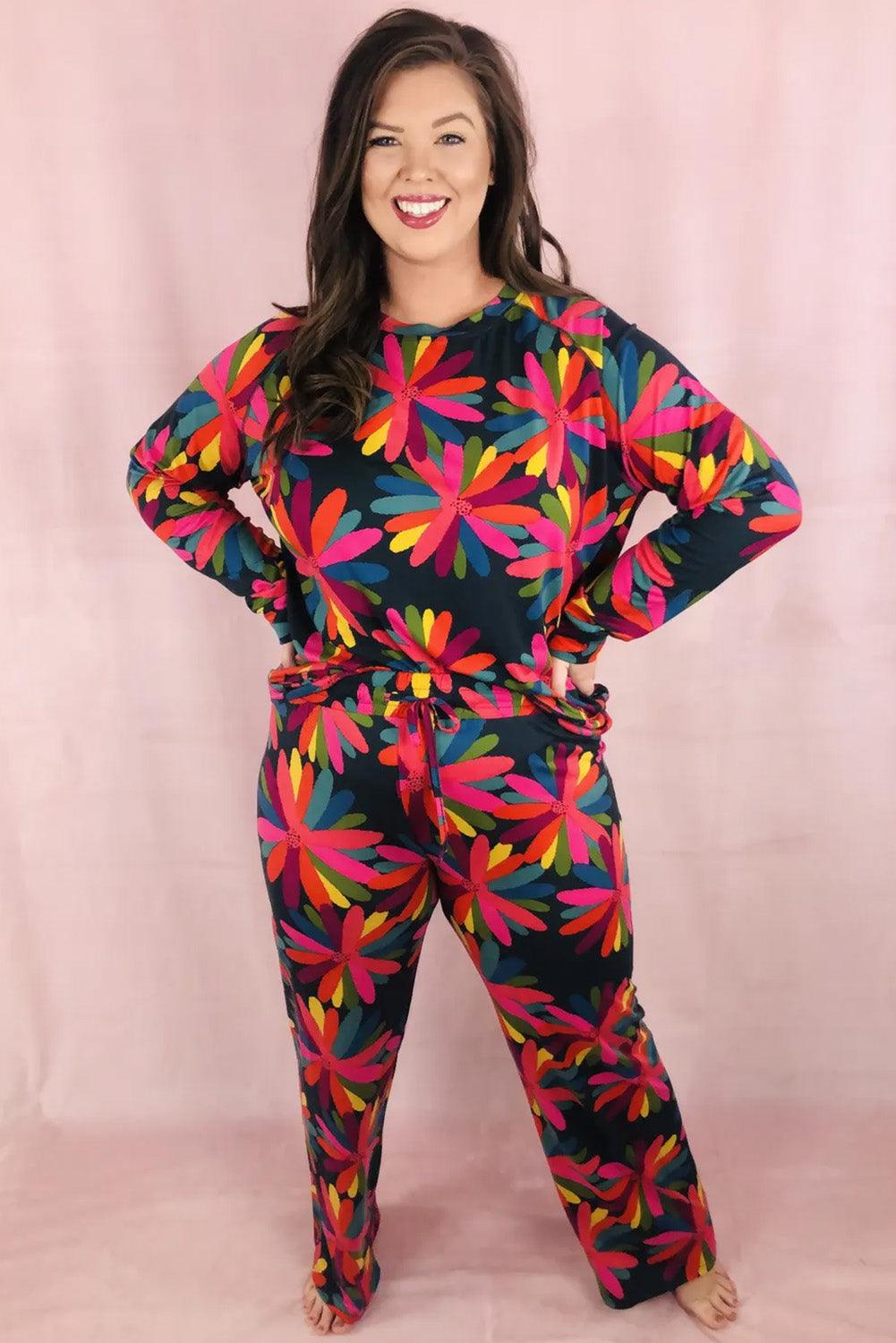 Black Plus Size Printed Long Sleeve and Pants Lounge Set - Toi ‘n’ Moi Ltd