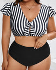 Black Stripe Plus Size Knot Cutout Ruffle Sleeve and High Waisted 2pcs Swimsuit - Toi ‘n’ Moi Ltd