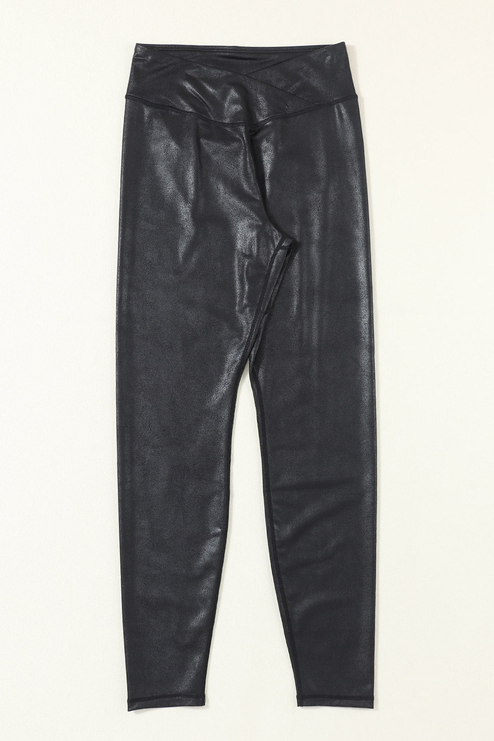 Black Crossed Dip Waist Sleek Leather Leggings - Toi ‘n’ Moi Ltd