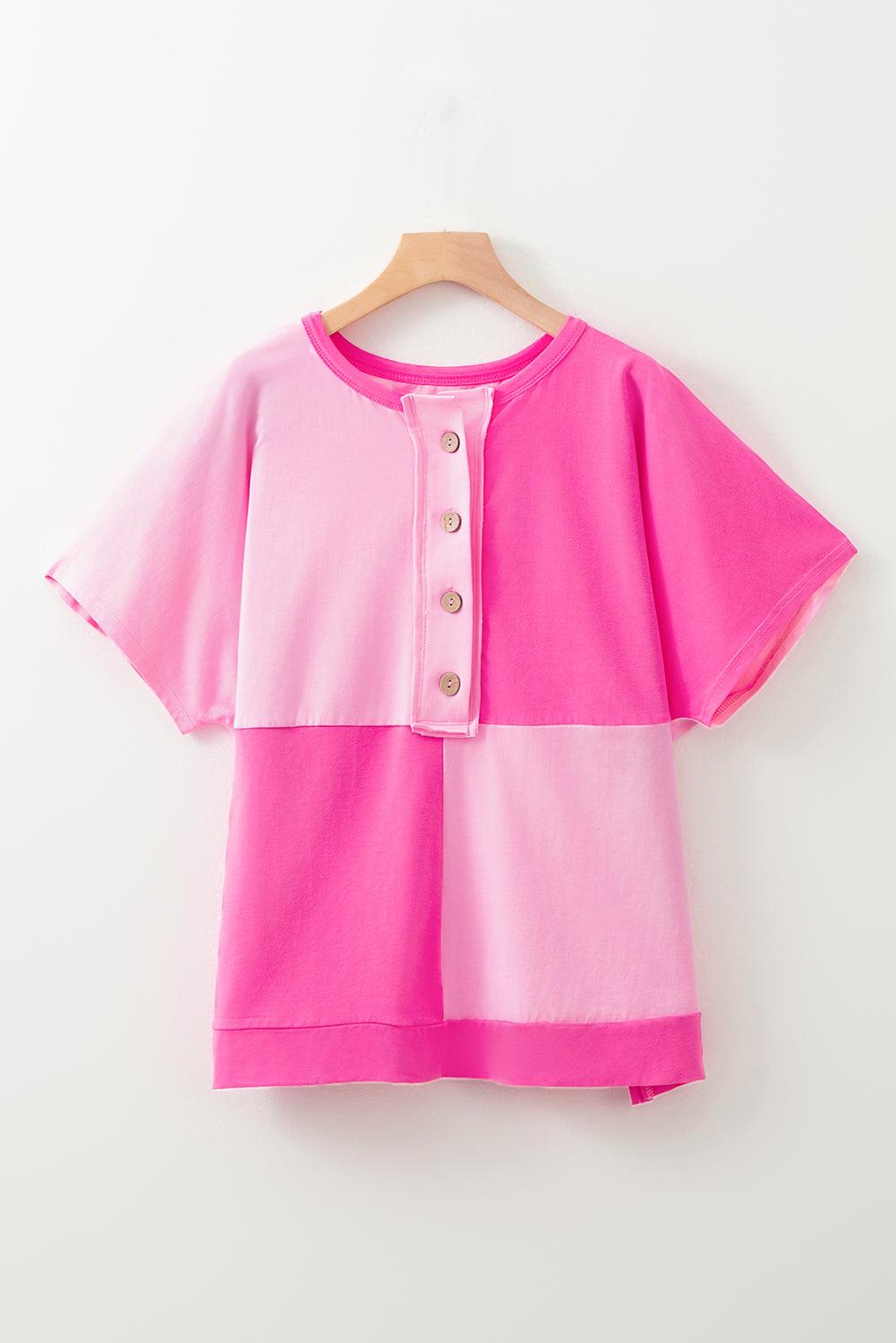 Bright Pink Colorblock Patchwork Short Sleeve Buttons Plus Size Henley Top - Toi ‘n’ Moi Ltd