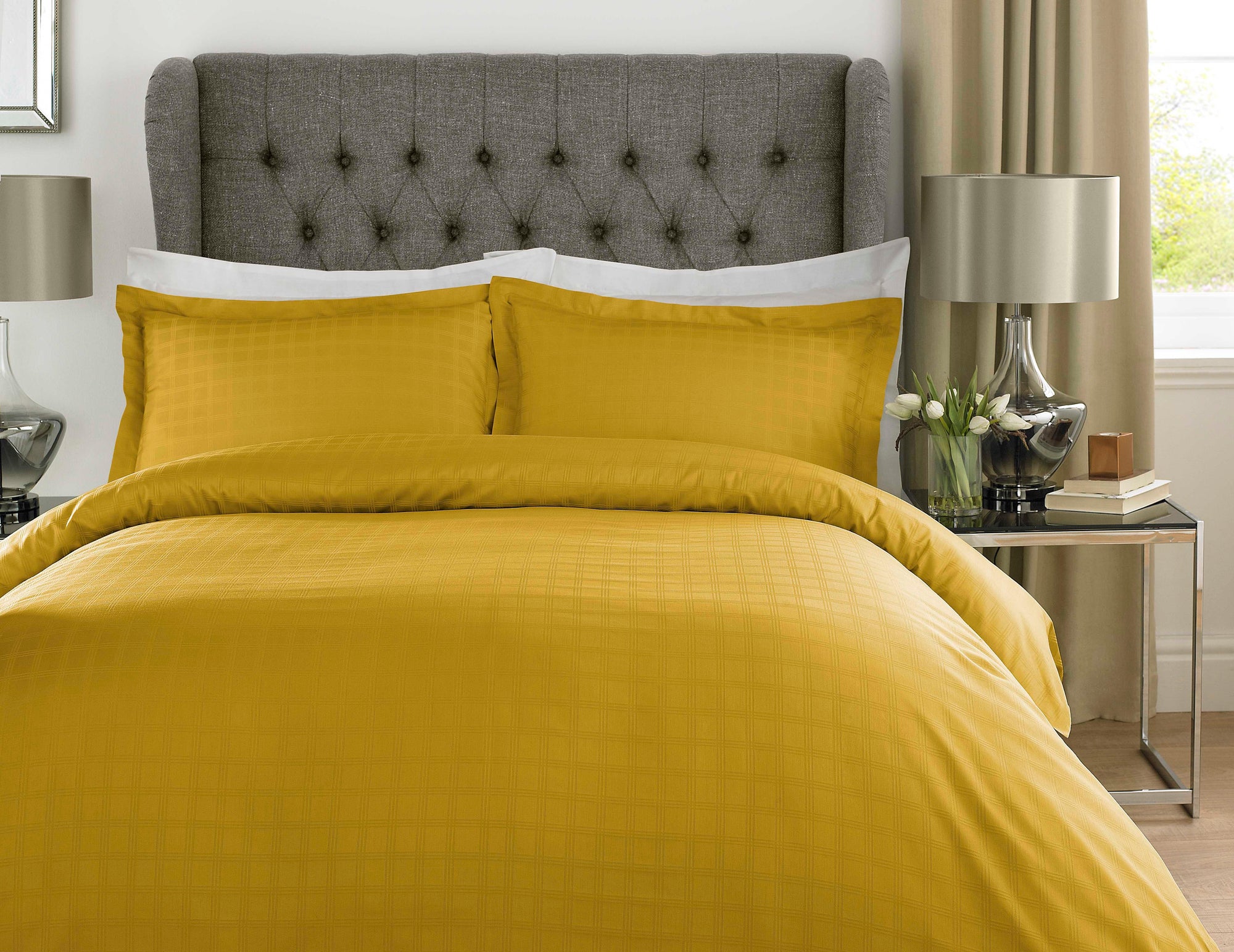 400TC - 100% Cotton Satin Stripe Check Duvet Set Mustard Yellow - Toi ‘n’ Moi Ltd