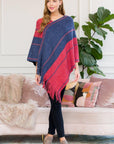 Hdf3007rdbl - Red Blue Two Tone Chain Print Fringe Poncho