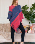 Hdf3007rdbl - Red Blue Two Tone Chain Print Fringe Poncho